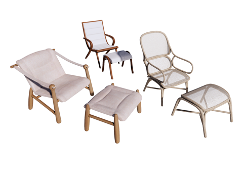  现代 中古 侘寂 奶油 躺椅 休闲椅 木椅 藤编椅 布椅su模型 