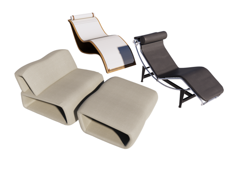  现代 躺椅 休闲椅 木椅 皮椅 布椅su模型 