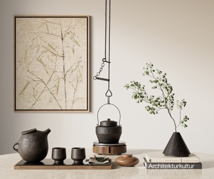  新中式茶具 宋式美学 禅意茶具 摆件组合 挂画su模型 