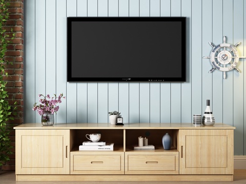  现代电视柜 电视 绿植 地毯 墙饰 饰品模型3d模型 