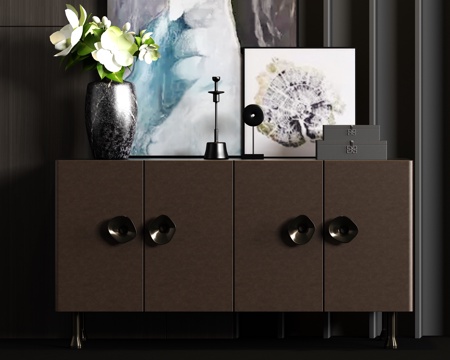  新中式金属皮革端景柜 盆栽 挂画 饰品组合3d模型 