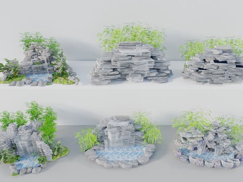  中式假山水景 假山叠水 水景 跌水 景观水池 景观石3d模型 