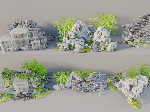  中式假山水景 假山叠水 水景 跌水 景观水池 景观石3d模型 