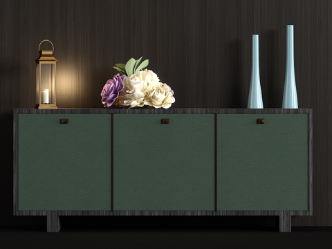  现代实木皮革端景柜电视柜饰品组合3d模型 