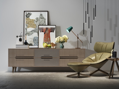  现代玄关装饰柜 休闲椅 吊灯 装饰画 摆件组合3d模型 