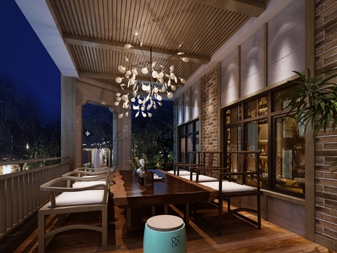  新中式别墅阳台3d模型 