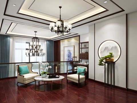  新中式起居室 单人沙发 单椅 茶几 盆景 吊灯 书桌 书3d模型 