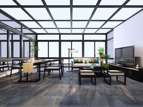  新中式屋顶阳光房3d模型 