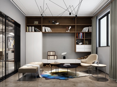  现代休闲室 推拉门 沙发 书柜 吊灯 物件摆件3d模型 