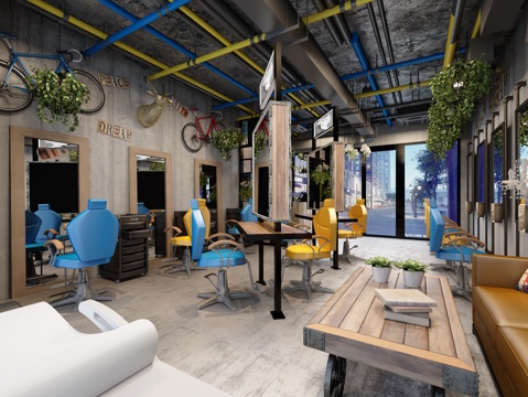  工业风美发店3d模型 