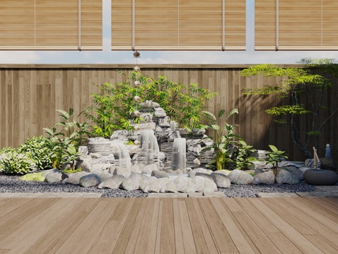  中式假山水景 假山叠水 水景 跌水 景观水池 景观石3d模型 