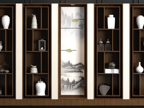  新中式实木装饰柜 陶器 摆设饰品组合3d模型 