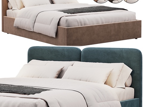  现代背景双人床 意式布艺软床双人床 极简轻奢双人床  真皮3d模型 