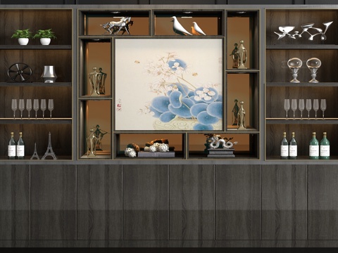  现代实木酒柜酒具饰品组合3d模型 