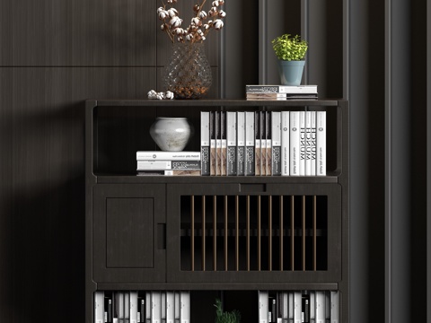  新中式实木装饰柜书籍饰品组合3d模型 