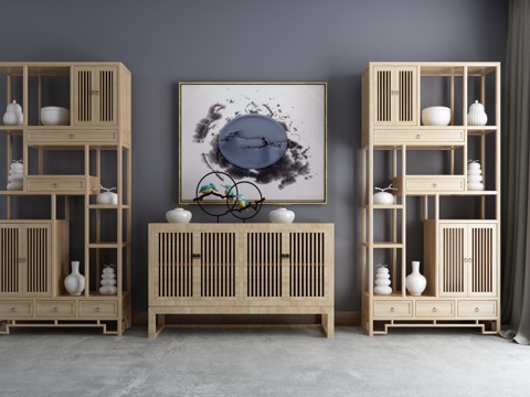  新中式玄关博古架装饰柜挂画组合3d模型 