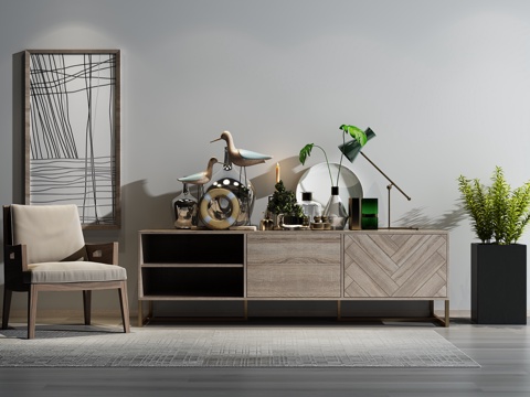  现代装饰柜 休闲椅 植物装饰品组合3d模型 