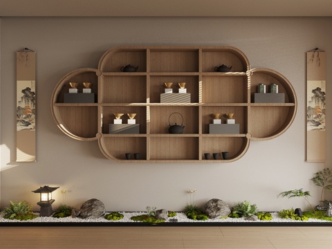  新中式禅意茶柜 壁挂茶柜 茶具摆件组合 茶馆展示柜 茶叶柜3d模型 