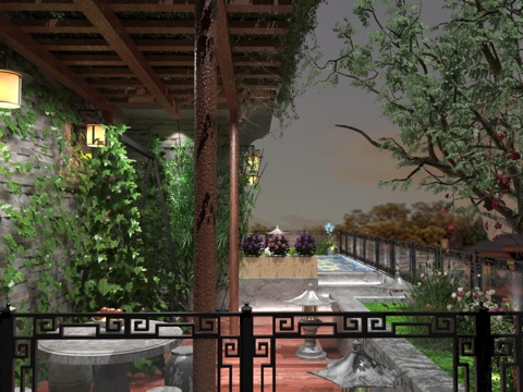  新中式屋顶花园 餐桌椅 植物 物件摆件3d模型 