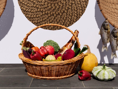  水果蔬菜组合 竹编菜筐菜篮 蔬菜篮 水果篮 火腿腊肉 咸鱼su模型 