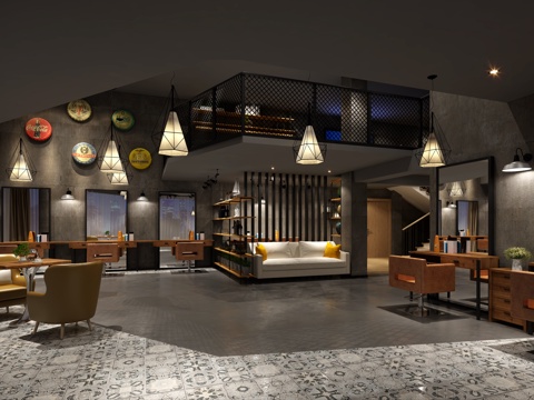  工业风理发店3d模型 