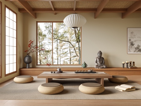 日式榻榻米茶室 茶桌椅 花瓶花艺 吊灯 佛像su模型