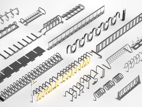  现代非机动车停车架 自行车停车架 非机动车停车区su模型 