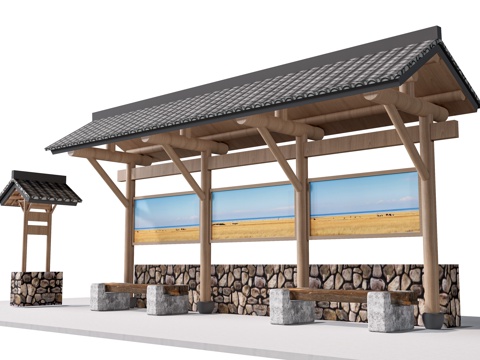  现代公交车站 公交站牌 公交站台 车站雨棚su模型 