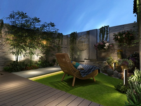  民宿酒店 花园 植物多种 多肉植物 夜景花园 休闲椅 文化石3d模型 