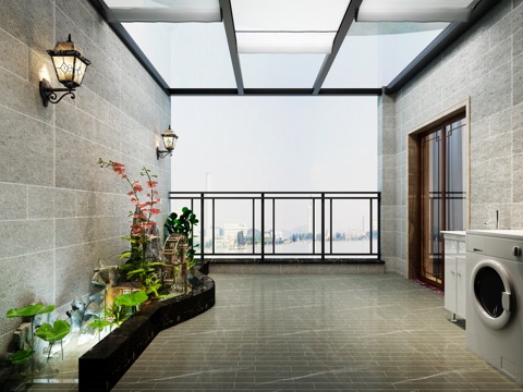  茶室 阳台花园 文化石 露天阳台3d模型 