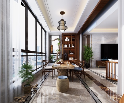  新中式阳台茶台3d模型 