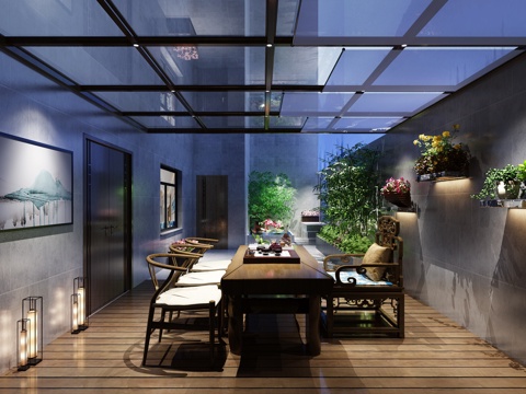  新中式阳台花园3d模型 