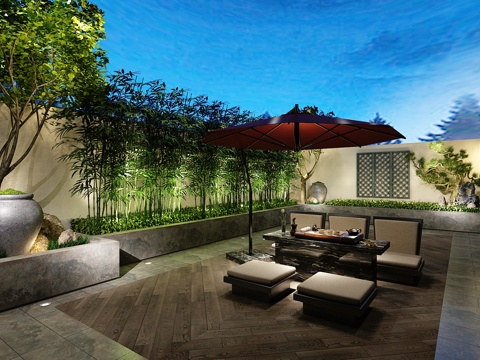  新中式花园阳台 绿植 休闲桌椅 露天阳台 竹子3d模型 