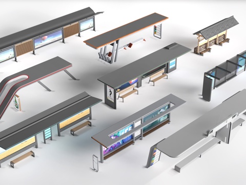  现代公交车站 公交站牌 公交站台 车站雨棚su模型 