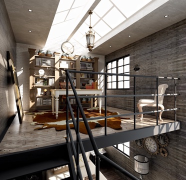  北欧书房 书房 书柜 桌子 吊灯 时钟3d模型 