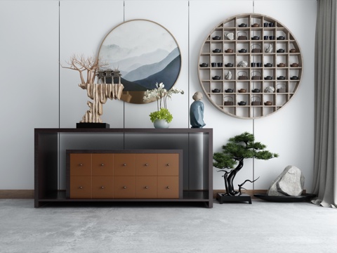  新中式禅意端景柜 玄关 门厅 中式摆件组合3d模型 