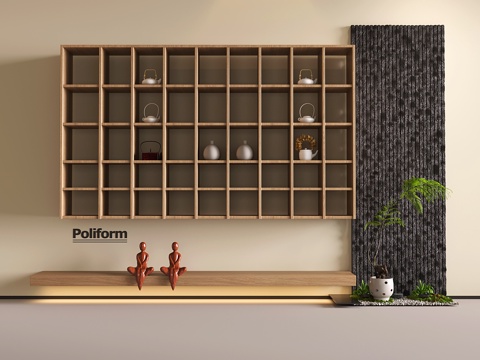  新中式悬空茶架 茶柜 置物架 绿植组合 植物堆3d模型 