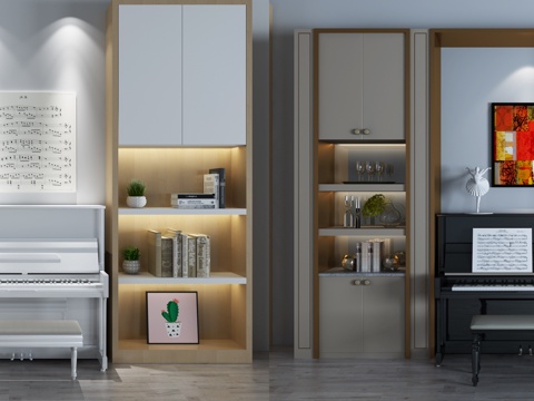  现代北欧风格钢琴书柜组合3d模型 