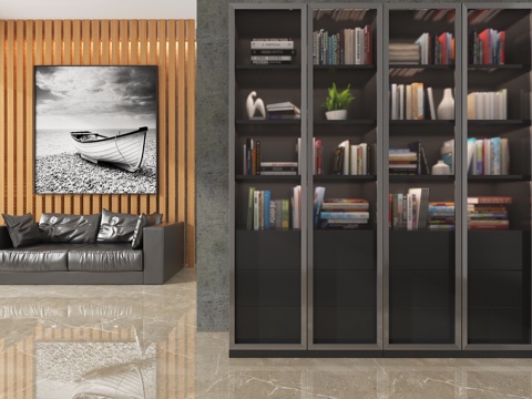  现代书柜 沙发 挂画 物件摆件3d模型 