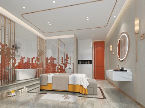  现代SPA会所美容院护理 按摩椅 镜子 壁灯 隔断 浴缸3d模型 