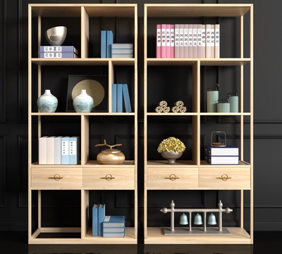  新中式实木书架书籍饰品组合3d模型 