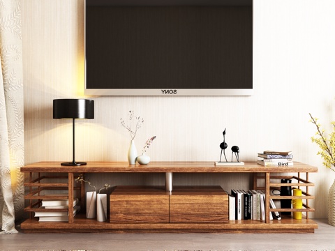  新中式电视柜 书籍饰品 花瓶 花卉 窗帘 地毯 电视模型3d模型 