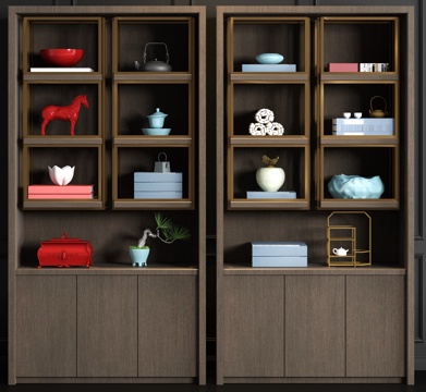  新中式实木金属书柜书籍饰品组合3d模型 