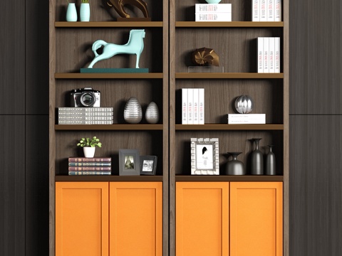  新中式实木皮革书柜书籍饰品组合3d模型 