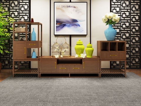  新中式电视柜挂画3d模型 