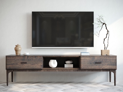  新中式 实木电视柜 摆件组合3d模型 