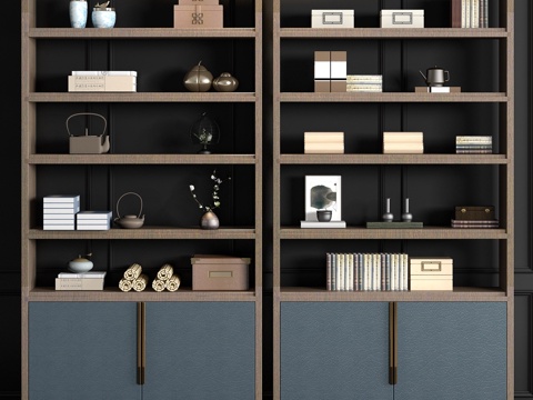  新中式实木皮革装饰柜书籍摆设饰品组合3d模型 