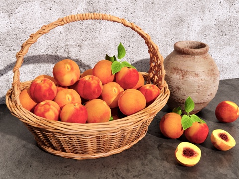  桃子水果篮 竹编果篮 竹篮 陶罐 黄桃 水果组合果篮su模型 