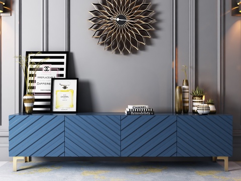  现代蓝色电视柜墙饰画饰品模型3d模型 