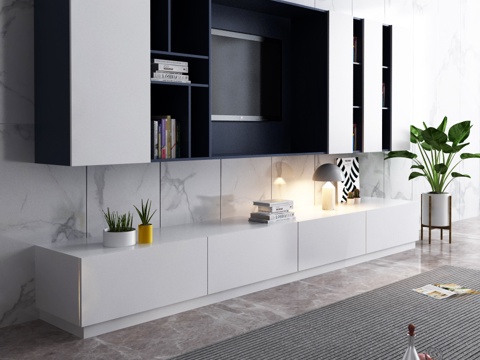  现代电视柜 饰品摆件 绿植地毯模型3d模型 